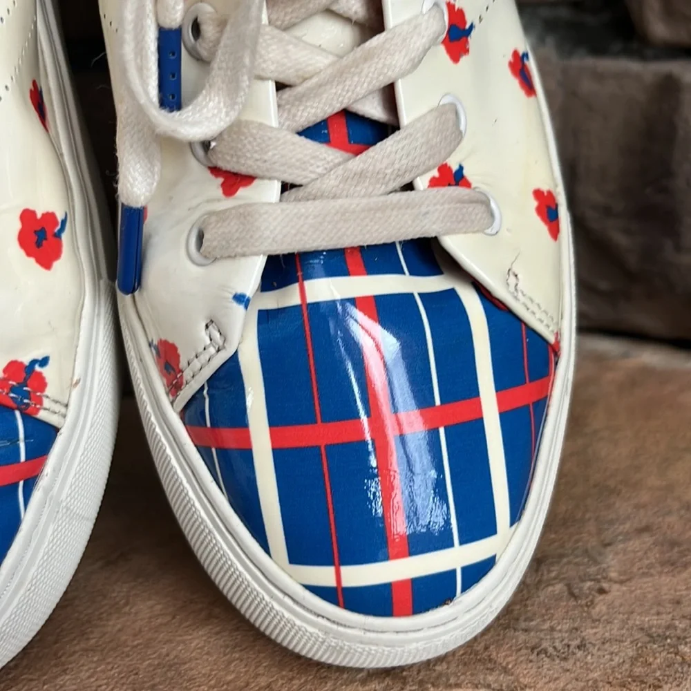Tory Burch Cream Leather Golf Sneakers with Red and Blue Floral Print